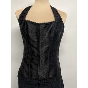 Halter Corset Top XL Lace Up Satin Floral Bustier Black Goth Gothic Dark Fairy